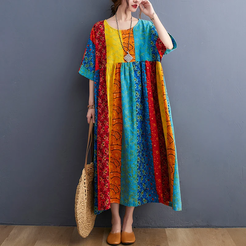 Женское винтажное платье в радужную полоску свободное повседневное пляжное