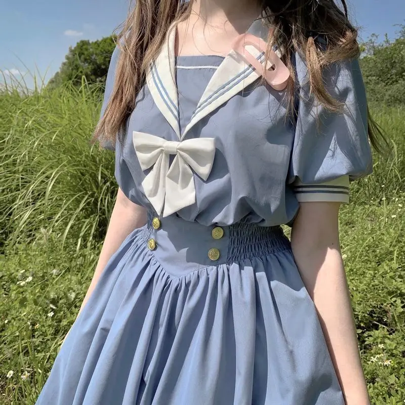 

Sweet Girl Lolita Dress Harajuku Sailor Collar Navy Dress Japanese Sweet Bow-knot Retro Kawaii Preppy Style Short Sleeve Dress