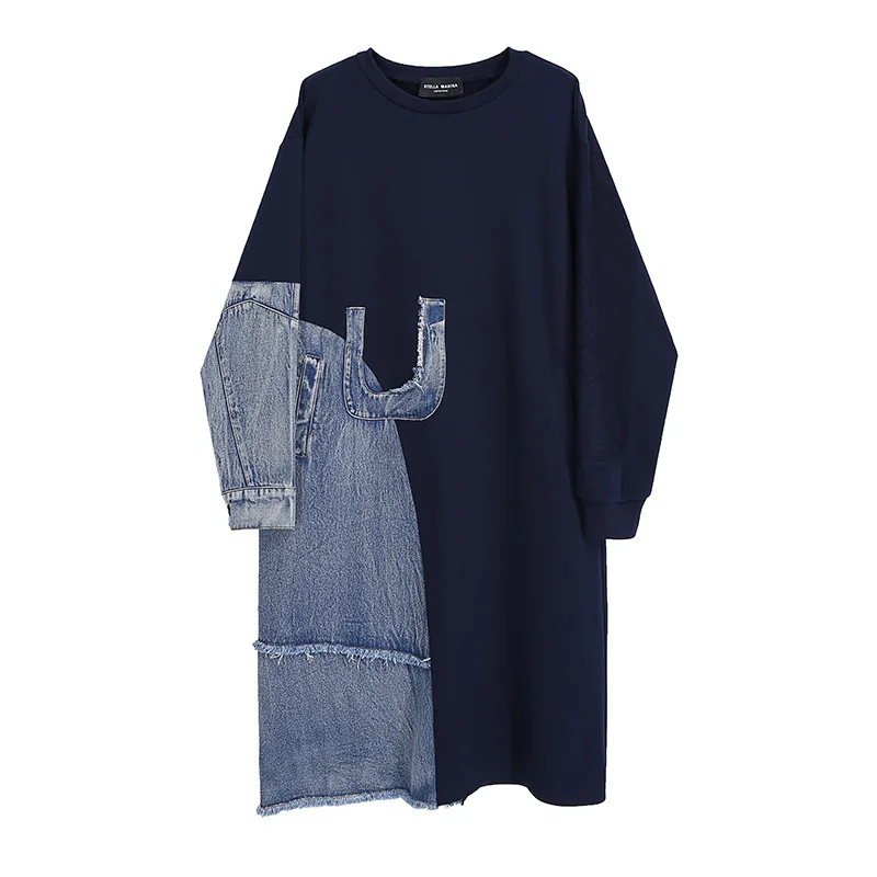

SuperAen 2021 Long Sleeve Jean Dress Women Patchwork Pockets Loose Plus Size Spring Autumn Fashion Dress for Women
