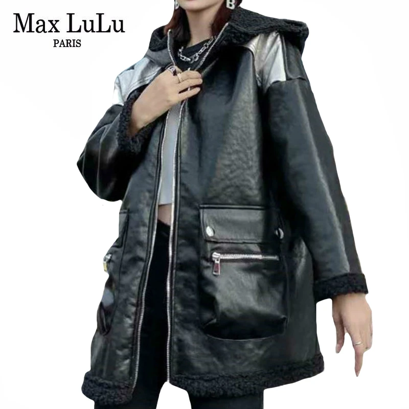 

Женская Мотоциклетная Куртка Max LuLu, длинная свободная теплая байкерская куртка из искусственной кожи в Корейском стиле, с мехом, с капюшоном...