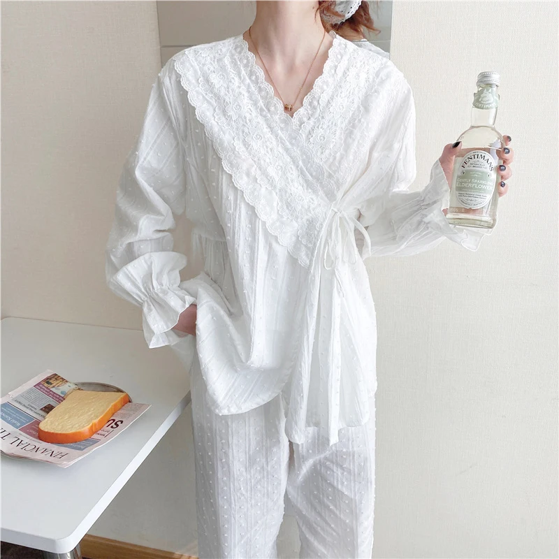 

Spring Lace Women's Pajamas White Cotton Loungewear Home Clothes Sleepwear Sets Japanese Style 2021