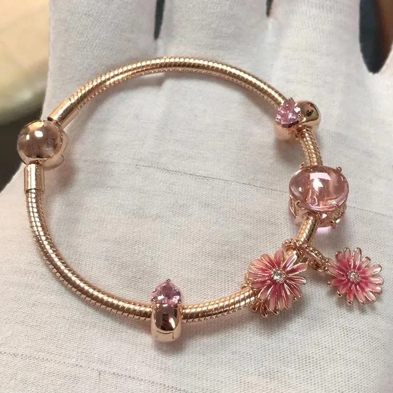 

Hot Sale New 925 Sterling Silver Rose Gold Daisy With Classic Round Button Bracelet Fit Women's Party Gift Wedding Diy Jewelry