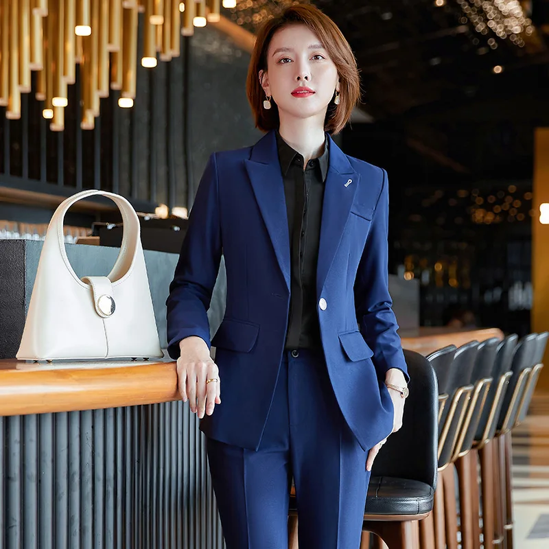 Korean autumn  professional clothes for women office attire women work suits for women womens suits Tibetan blue（Jacket+pants）