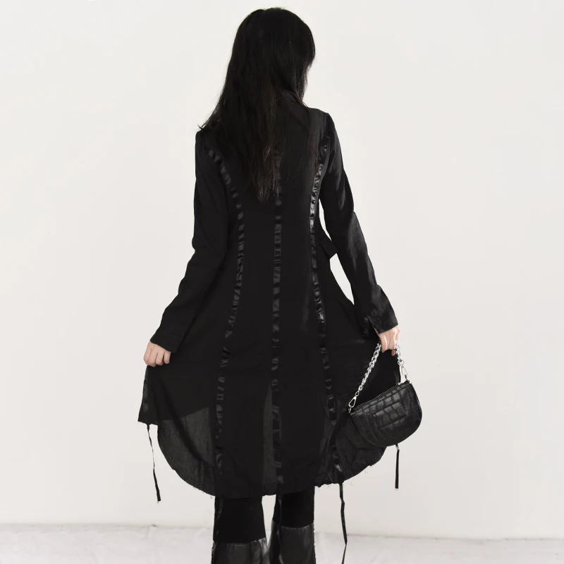 

[EAM] Women Ribbon Asymmetrical Black Long Trench New Lapel Long Sleeve Loose Fit Windbreaker Fashion Tide Spring 2021 1T69801