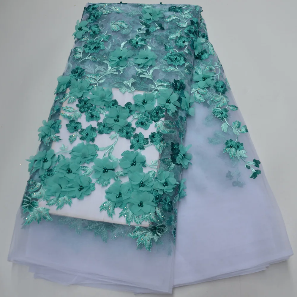 

(5yards/pc) High quality soft French net lace African 3D flowers tulle lace fabric with beads stones for wedding party FLP260