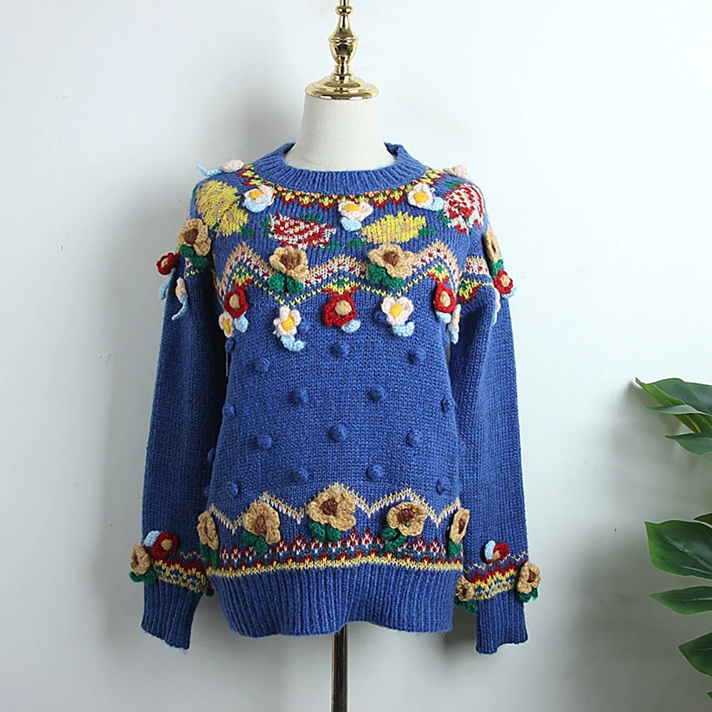 

Autumn Winter Vintage Women's Round Neck Small Wool Ball Three-Dimensional Hook Flower Sweater Jacquard Lazy Thickened Pullover