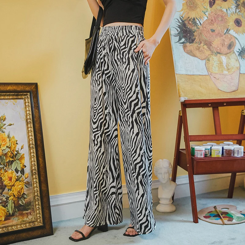 Брюки TingYiLi женские с широкими штанинами винтажные уличные штаны принтом зебры