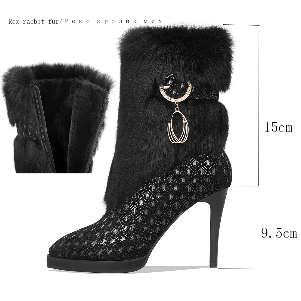 Женские ботильоны из натуральной бычьей кожи Зимние на высоком каблуке с острым