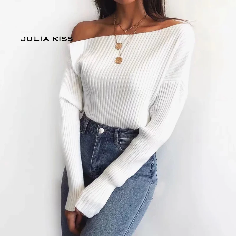 Women One Shoulder Ribbed Jumper Sexy Knit Pullover | Женская одежда