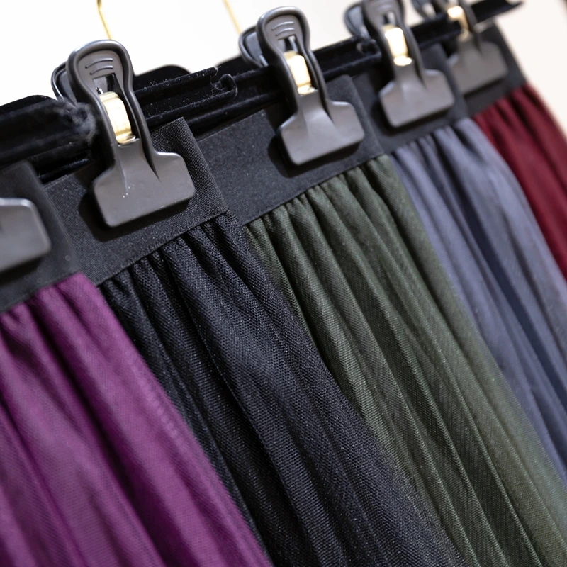 Плиссированная фатиновая юбка TingYiLi черная бордовая фиолетовая серая зеленая