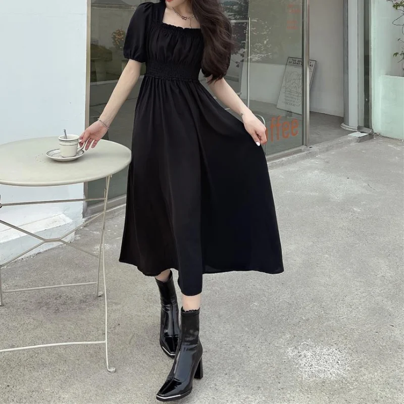

abito longuette Vintage nero abiti eleganti da donna estivi manica sbuffo Plus Size allentato Casual prendisole Robe Femme 2021
