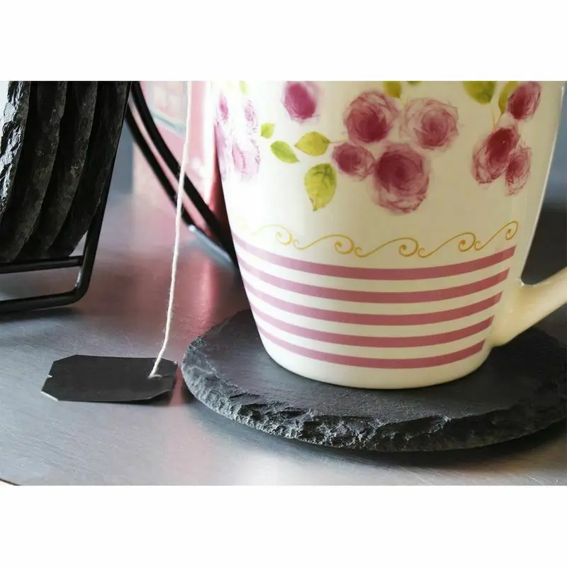

8 Slate Stone Coasters Set with Steel Stand, Drink Coasters, Black, 3.8" Dia