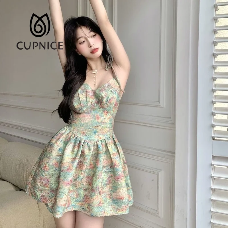 

CUPNICE Dress Women Vintage Tender Sweet Floral Strap Summer Slim A-line Sexy V-neck Bandage Retros Oil Painting Elegant Party
