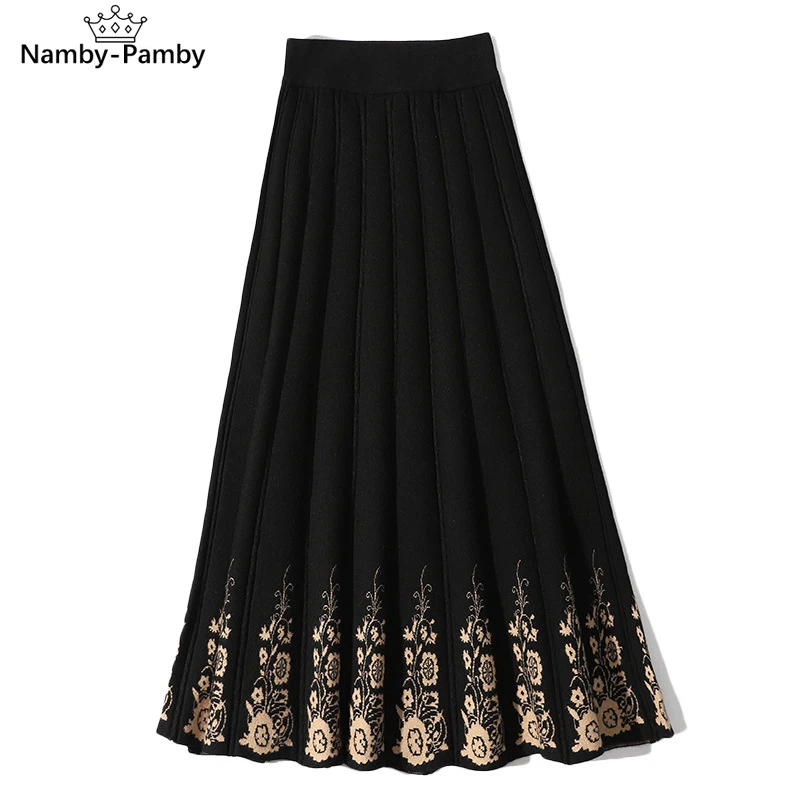

Autumn Winter Women's Skirt Ethnic Floral Print Knitted Skirt New Casual Slimming Mid-length Female Pleated Skirts LL454