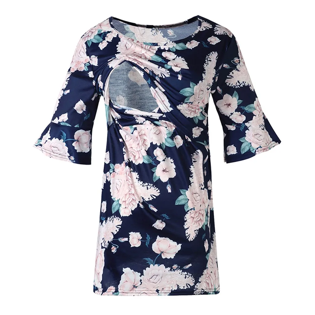 

2021 Fashion Women Maternity Short Sleeve Shirt Tops Flare Sleeve Floral Print Nursing Tops For Breastfeeding Maternity Clothes#