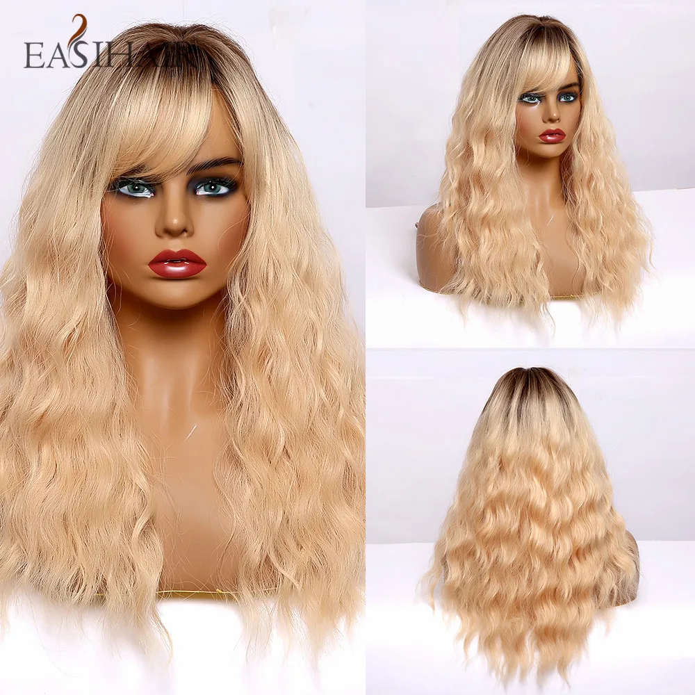 

EASIHAIR Medium Length Women Brown Wigs Wavy Synthetic Wigs Natural Hair Wigs with Bangs High Temperature Cute Cosplay Wigs