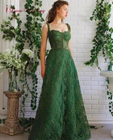 luxury lace prom gown spaghetti straps green party dress custom made a line sexy long prom dress for special occasion