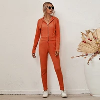 womens solid color knitted sports two piece set beauty solid color hooded cardigan long sleeve zipper casual zipper women