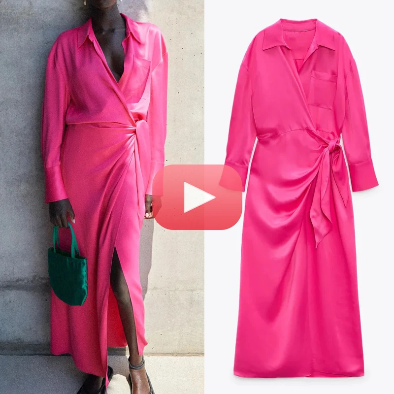 

2021 Satin Shirt Dress Woman Wrap Summer Long Dress Elegant Long Sleeve Midi Ladies Dresses Casual Dresses Turn-down Collar