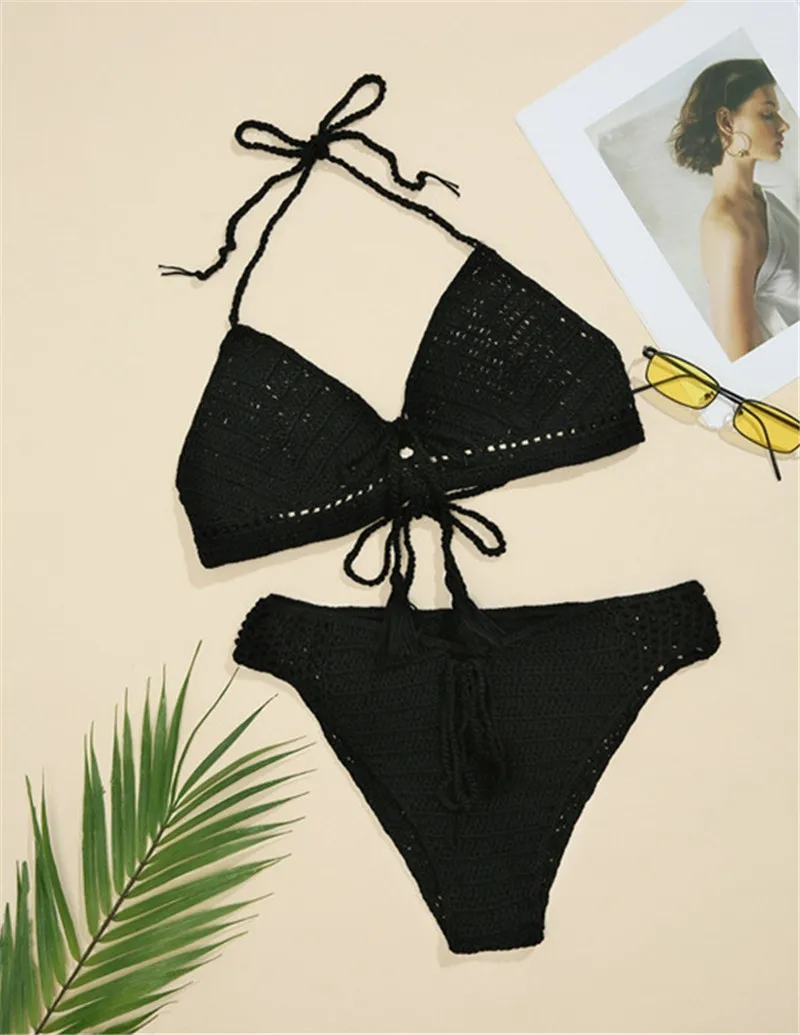 Прозрачные сексуальные однотонные Вязаные Бикини 2021 бикини без подкладки