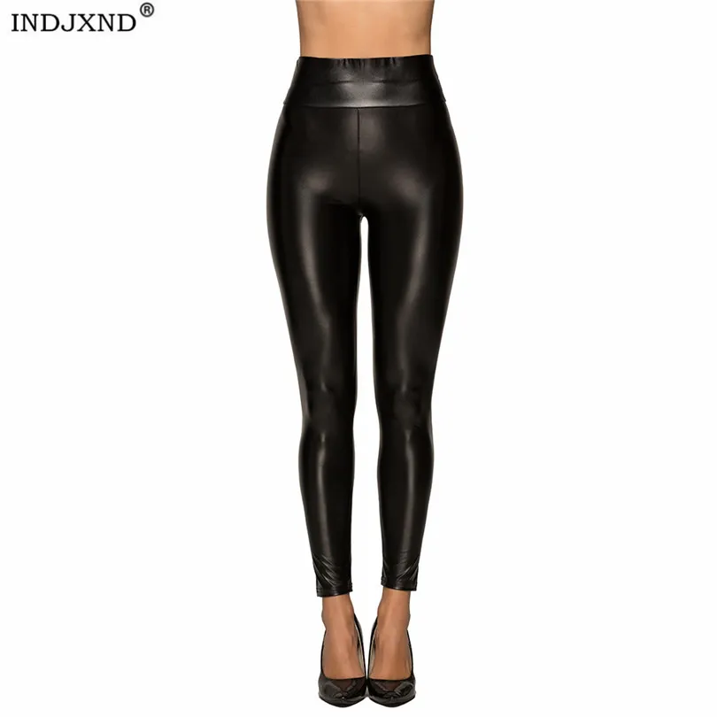 

INDJXND Women Sexy Shiny Faux Leather Leggings With Feet Zipper Push Up Not Crack Pants High Elastic Waist Jeggings Dropshipping