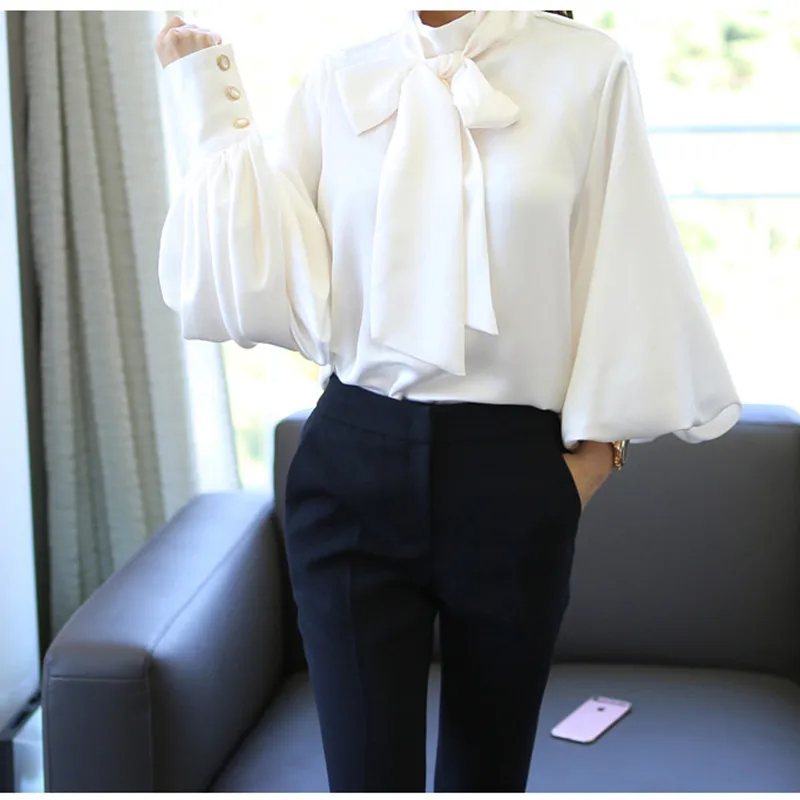 

Women Satin Blouses 2021 Fashion Tops Tunic Plus Size Elegant OL Bow Tie Lantern Sleeve Office Shirt Casual Slik Blouse