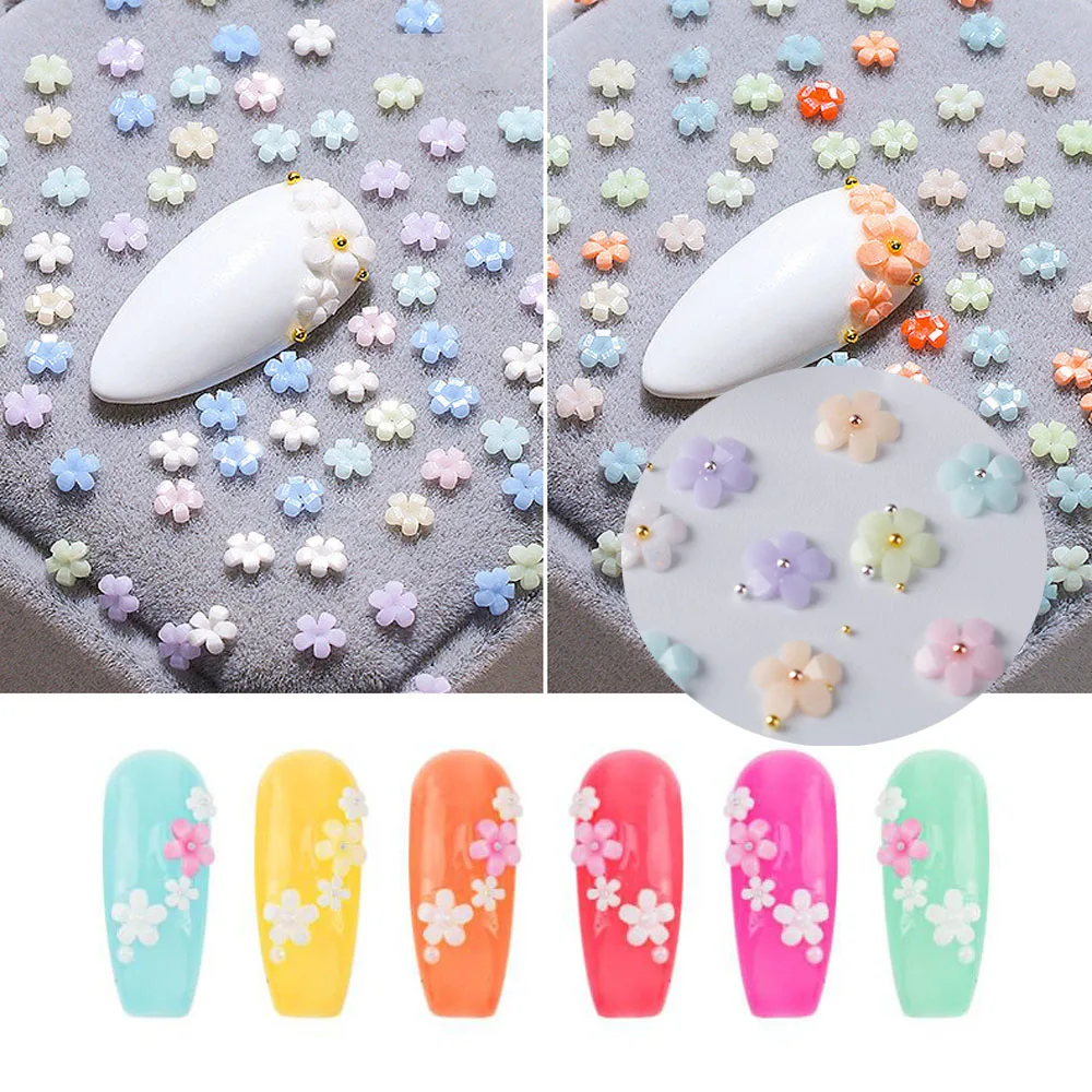 

6mm UV 5-Petal Resin Flower Nail Charms Pink/Blue/Green/Purple...100pcs Light Color Change Flower Decorations For Nails &H405(2)