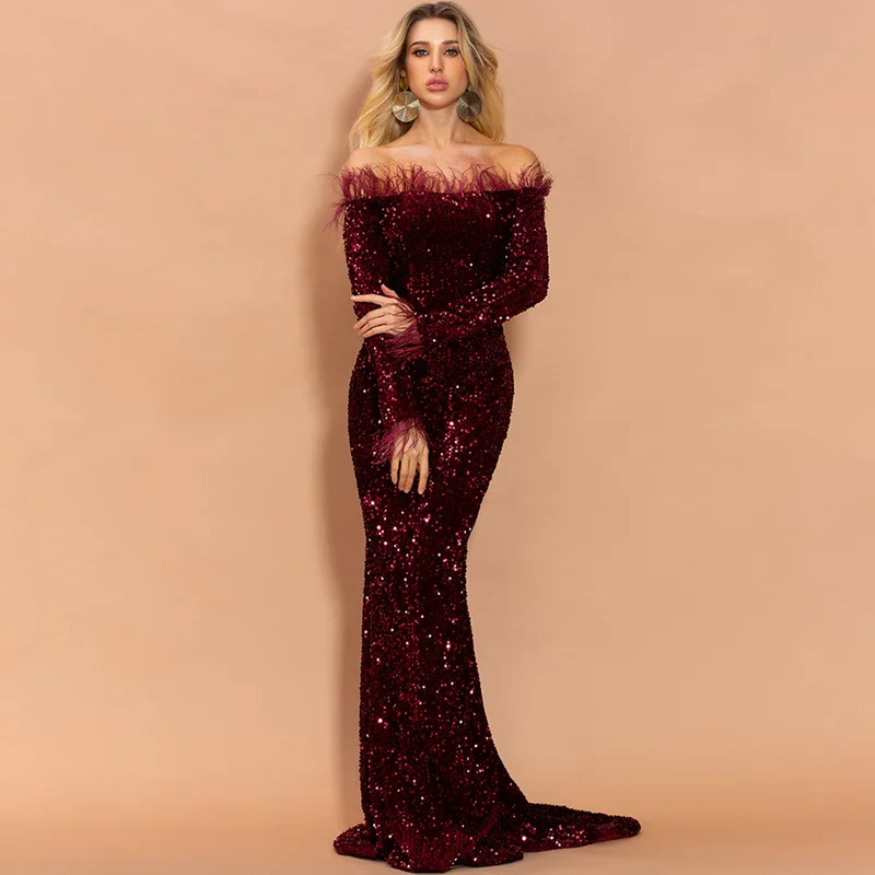 

Stretchy Shiny Sequined Velet Party Dress Long Sleeve Floor Length Lining Bodycon Dress Burgundy Green Black Feather Patchwork