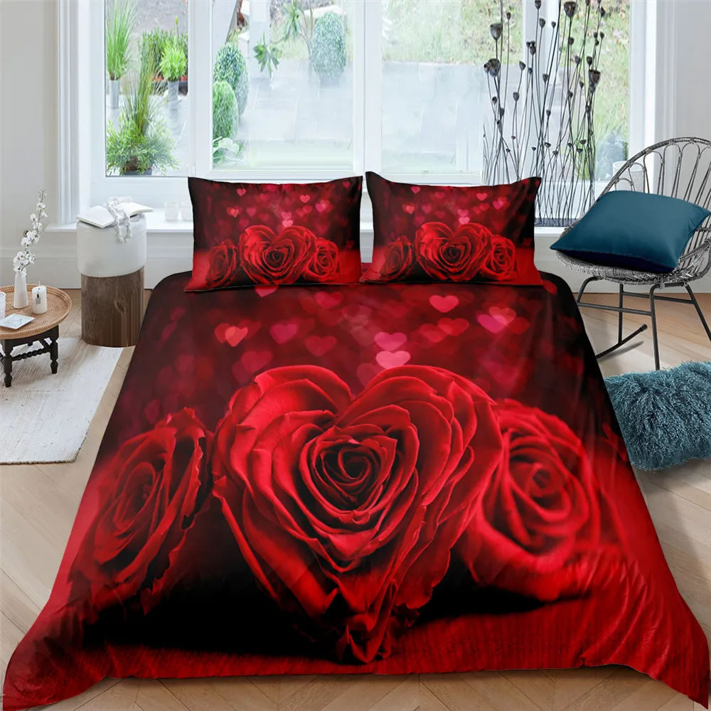 

3D Red Rose Duvet Cover Girl Bedding Set Flower Printing Luxury Home Textile Queen Size 2 / 3pcs Comforter Cover Set