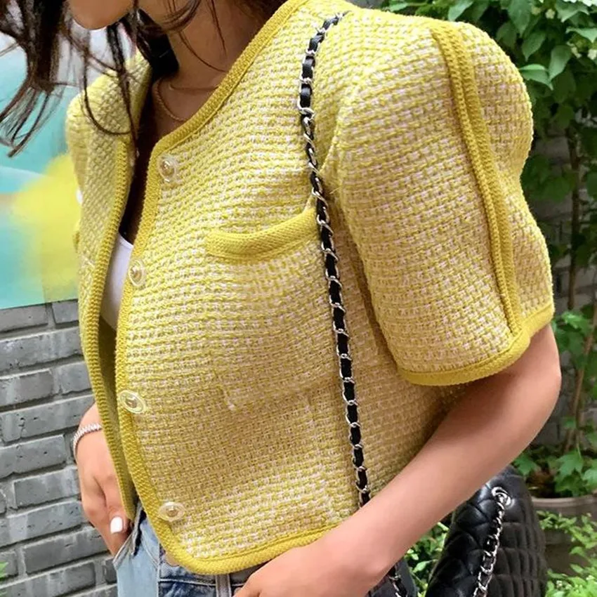 

French style summer small fragrance short jacket women o-neck loose short sleeve outerwear
