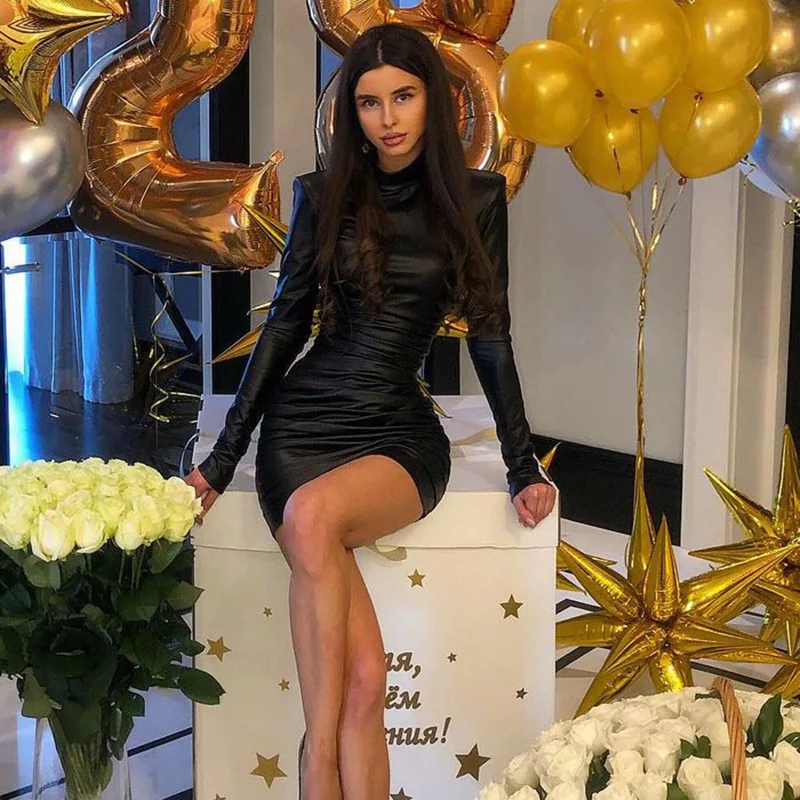 

Women Autumn Winter Long Sleeve Pu Leather Black Bodycon Party Club Package Hip Mini Dress 2021 Fall Clothes Streetwear