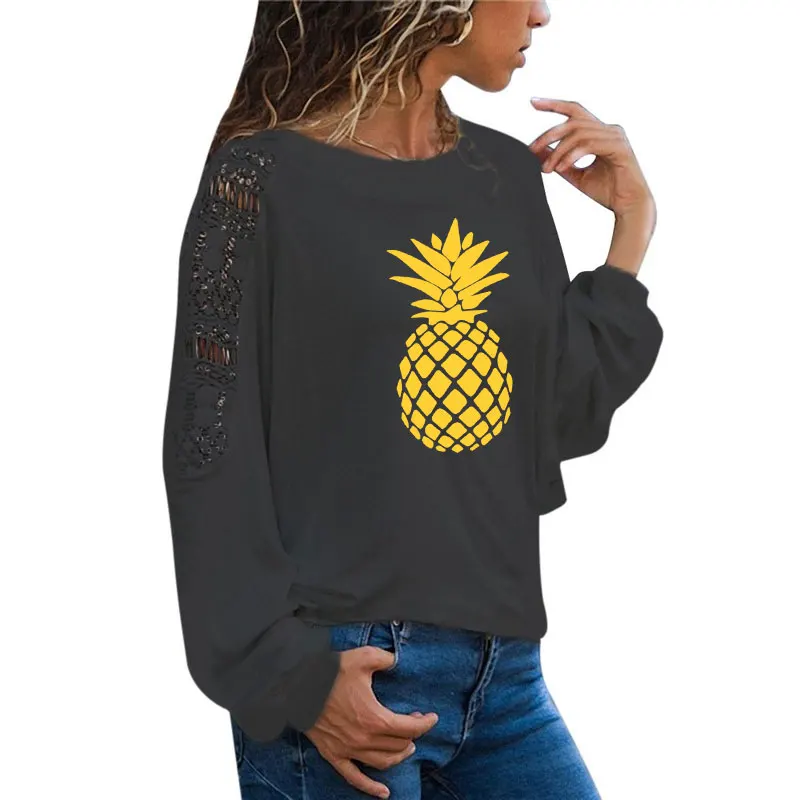 

Женская футболка с принтом ананасов, забавная Женская одежда, повседневные свободные кружевные топы большого размера с длинным рукавом