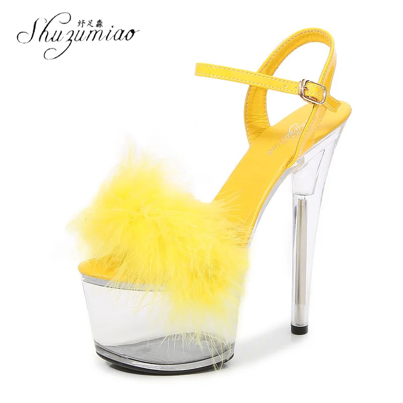 

SHUZUMIAO Large Size Summer Women Shoes Fur Transparent Open Toe 17cm High Heels Lady Sexy Wedding Dress Party Pumps Women Shoes