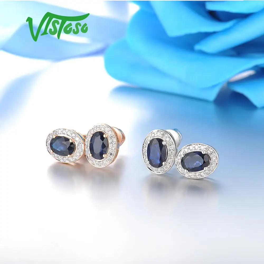 VISTOSO Pure 14K 585 роза/серьги из Белого Золота Шпилька для женщин Элегантный синий сапфир сверкающие бриллианты уникальные модные ювелирные изделия