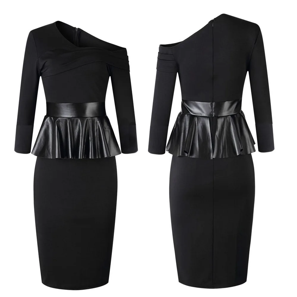 Женское однотонное платье с косым вырезом и длинным рукавом из искусственной