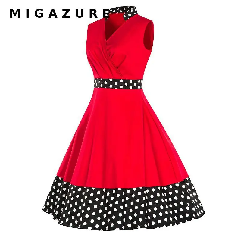 

MIGAZURE Vintage Midi Dresses for Women V-neck Sleeveless with Floral Polka Dots Swing Spring Summer New Sexy Party Ball Desses