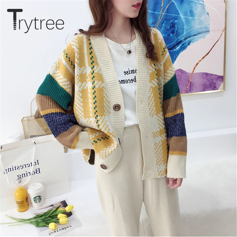 Trytree 2019 Осень Зима Женский Повседневный свитер с v-образным вырезом однобортный