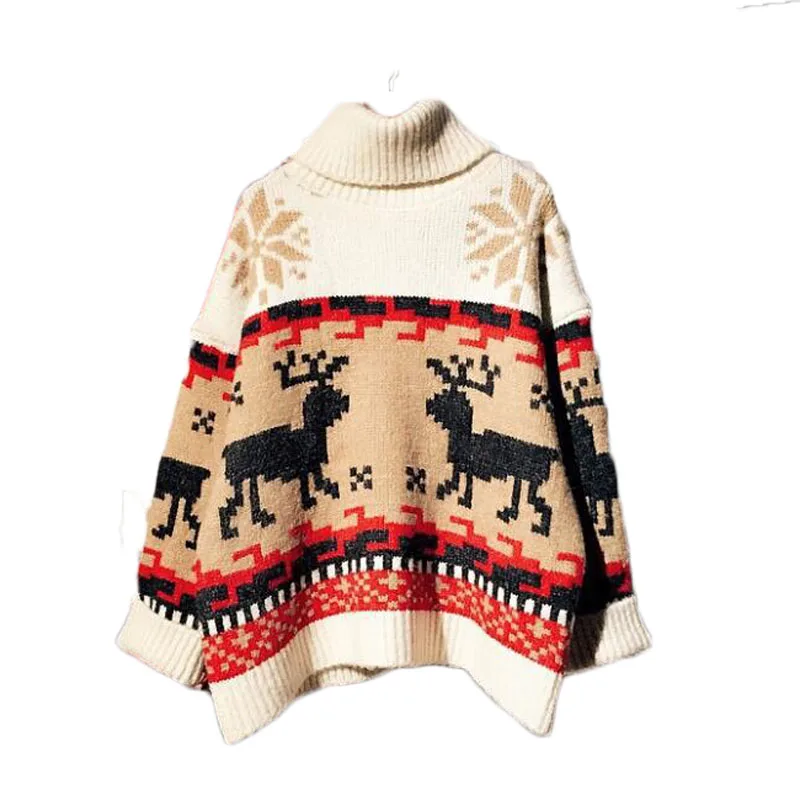 

2020 Autumn Winter Deer Pattern Retro Sweaters Pullover For Christmas Long Sleeve Sweater Women'S Turtleneck Knitted JS0198
