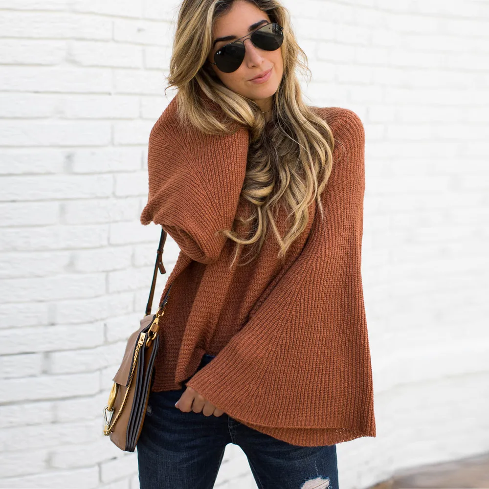 Женский трикотажный свитер с длинным рукавом расклешенным | Женская одежда