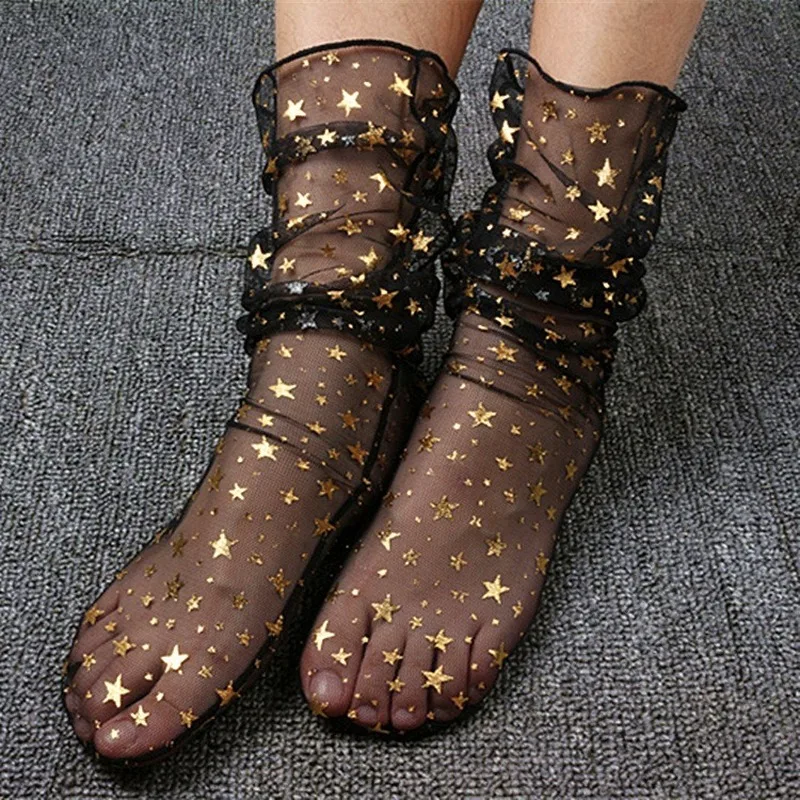 Женские носки на весну и лето новинка сверкающие золотые серебряные со звездами