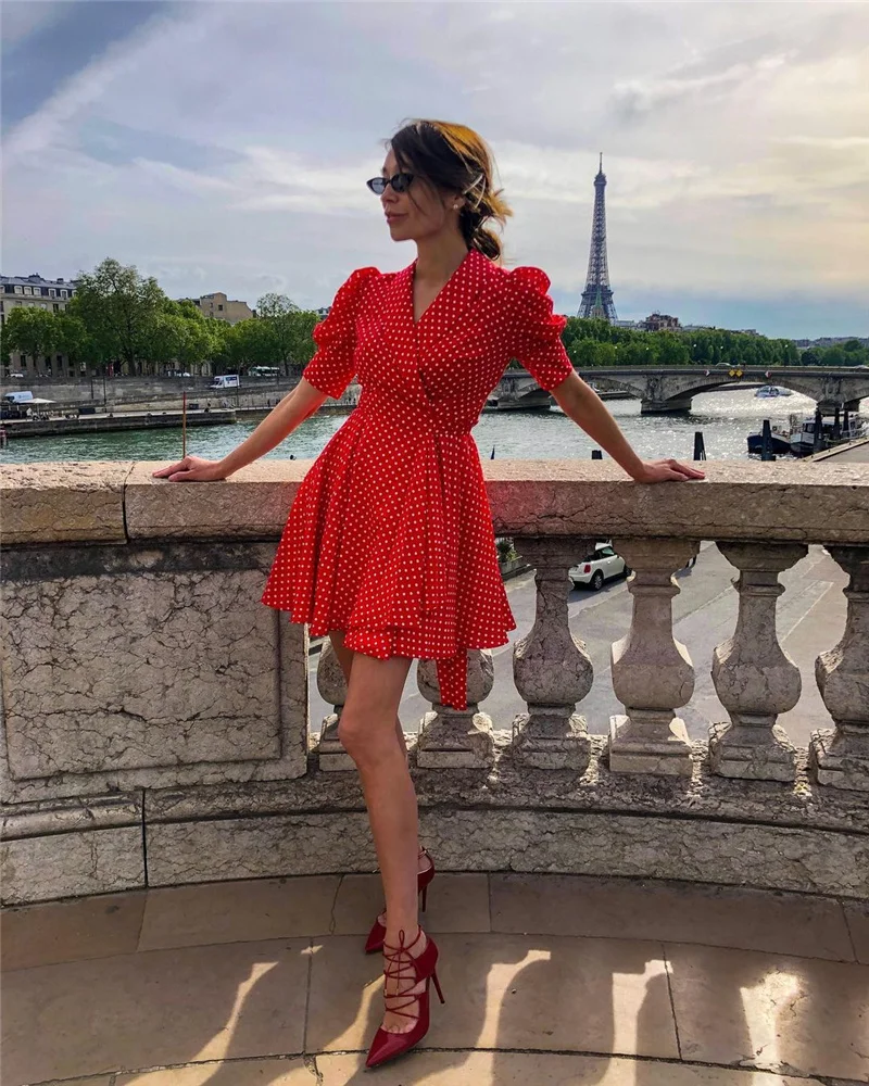 

2021 Womens Fashion Puff Short Sleeve Dress Summer Elegant Polka Dot V-neck Lace-Up A-line Short Vestidos OL Dresses