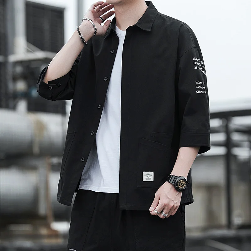 

Shirt men's Korean fashion short sleeve 2020 summer autumn loose quarter sleeve upper garment men's shirt tooling coat