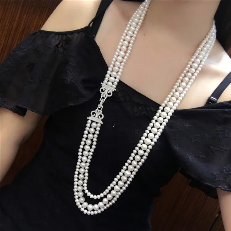 

Hand knotted natural 3rows white freshwater pearl temperament micro inlay zircon clasp tassel necklace fashion jewelry