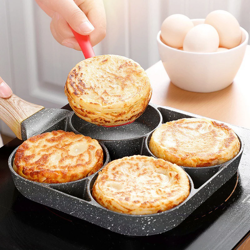 

Four-hole Frying Pot Pan Thickened Omelet Pan Non-stick Egg Pancake Pancake Maker Wooden Handle Frying Pot Breakfast Maker