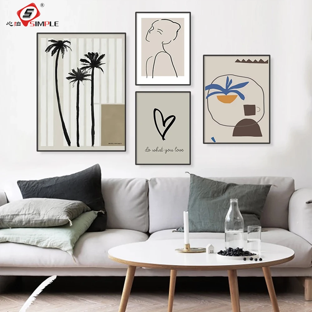 

Beige Minimalist Line Figure Palm Tree Canvas Painting Abstract Poster Print Wall Picture Living Room Interior Home Decoration