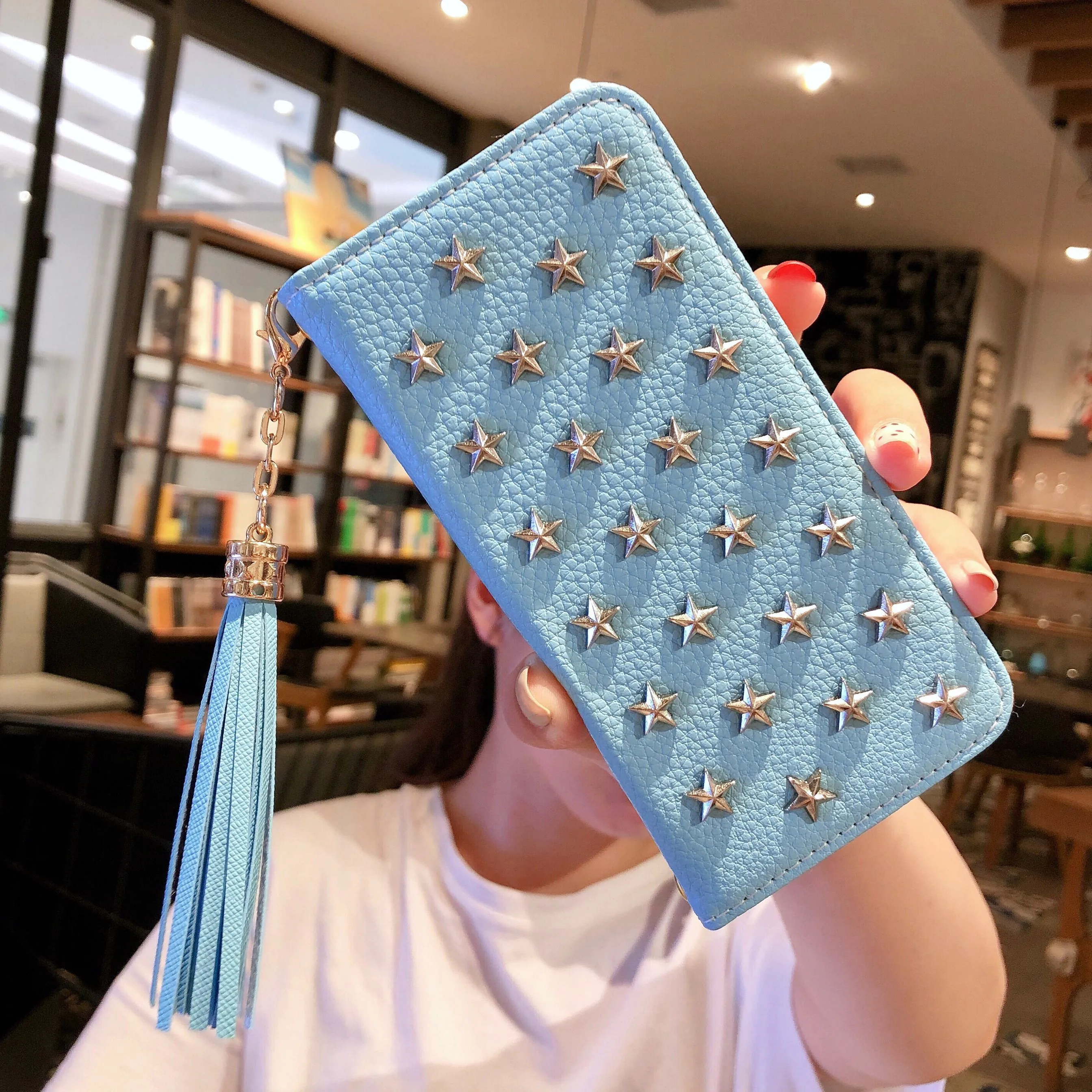 Роскошный чехол-книжка с откидной крышкой для iPhone 11 Pro Xs MAX XR 8 7 6 6s Plus, зеркальный кожаный чехол-кошелек ручной работы с заклепками и звездами с кисточками