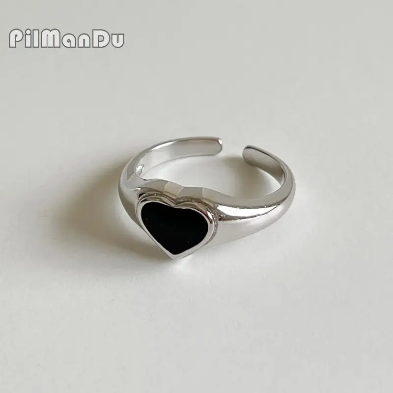 

PilManDu Retro Black Love Heart Open Rings For Women Simple Ancient Silver Color Peach Adjustable Ring Exquisite Trend S925