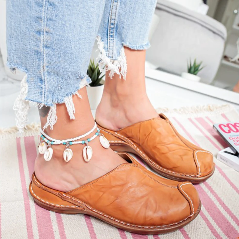 

Women Round Toe Low Heel Slide Sandals Summer Slippers Cane Woven Beach Shoes Woman Mule Flat Sandals Sandalia Feminina 2020