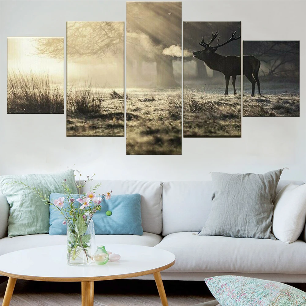

5 Pieces Wall Art Canvas Painting Animal Poster Elk In The Forest Home Decoration Pictures Modern Living Room Free Shipping