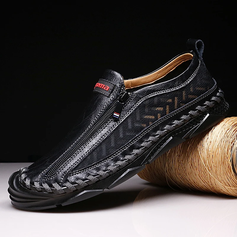 

Men's Leather Loafers Fashion Leather Splicing Slip-On Shoes Classic Zipper Opening Casual Shoes Retro Style Men Driving Shoes